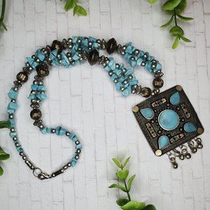 Silver Necklace, Tribal Southwestern Boho Turquoise Medallion Pendant